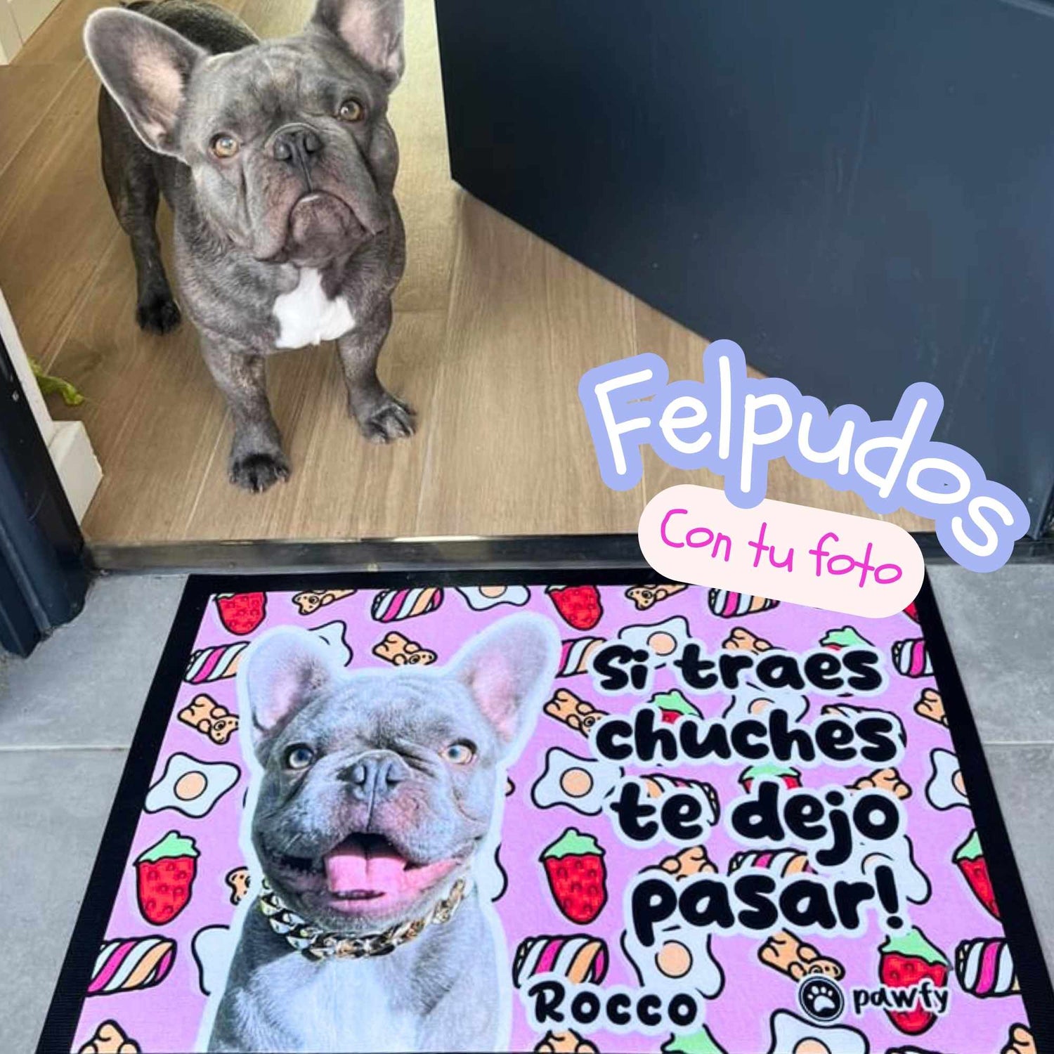 Felpudo con foto de perro y el fondo de galletas