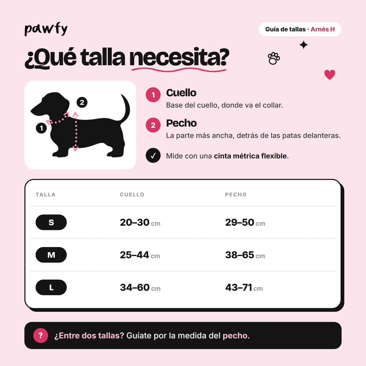 Guía de tallas del arnés clásico H: tabla de medidas en cm